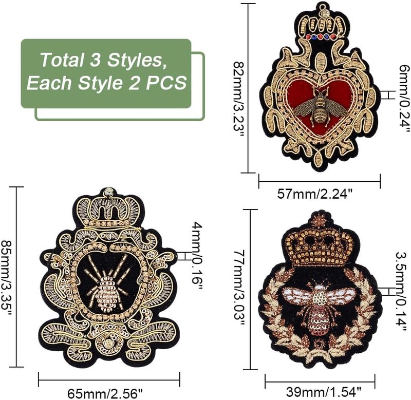 AHANDMAKER 6pcs Crown Bee Badge Embroidered Applique Patch, 3 Style Embroidered Badge Patch Sew On Patches DIY Decorative Applique Patches for Dress Jeans Jackets Handbag Clothing - Image 2